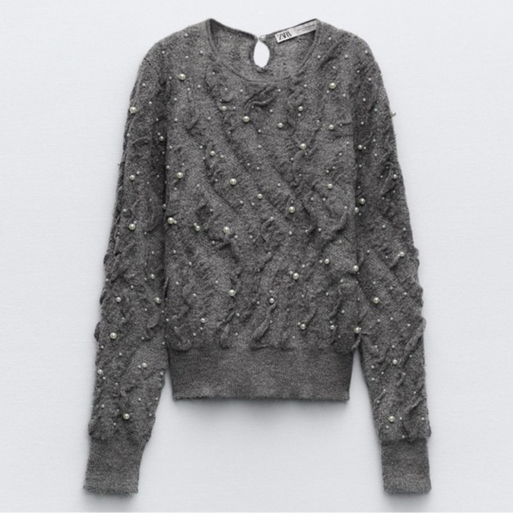 Zara Gray Sweater Gray Textured Wool Blend Cozy Chunky Sweater Coquette - Picture 2 of 6